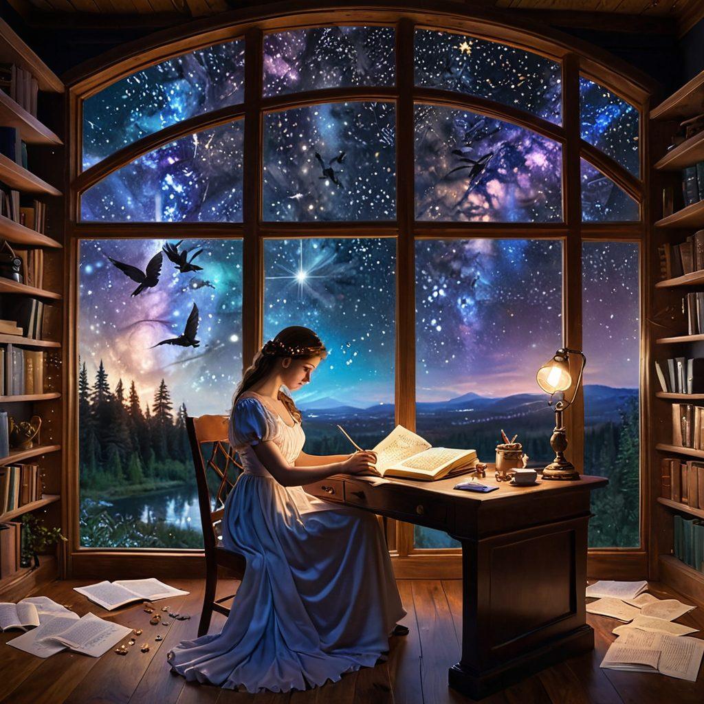 An enchanting scene depicting a writer surrounded by floating pages filled with colorful fan fiction excerpts, set against a dreamy, starry night sky. Elements like quills, ink pots, and whimsical characters coming to life from the pages enhance the narrative theme. Ethereal lighting adds a magical touch to the atmosphere. super-realistic. vibrant colors. magical realism.