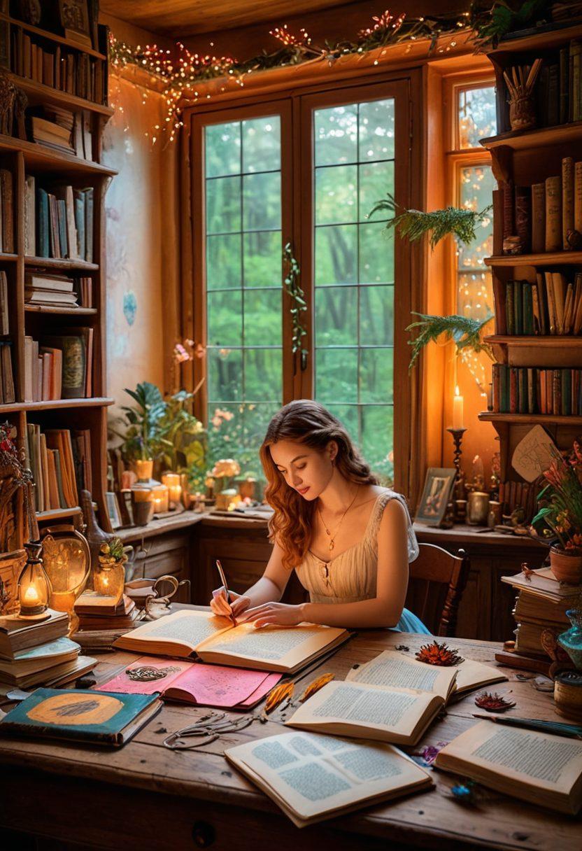 A whimsical scene depicting a writer at a vintage wooden desk, surrounded by enchanting books and pages filled with colorful sketches. Floating around are magical details like quills, ink pots, and sparkling fairy lights, creating an atmosphere of creativity and inspiration. In the background, an open window shows a mystical forest filled with mythical creatures, symbolizing the charm of storytelling. The overall color palette should be warm and inviting, with a touch of fantasy. vibrant colors. painting.