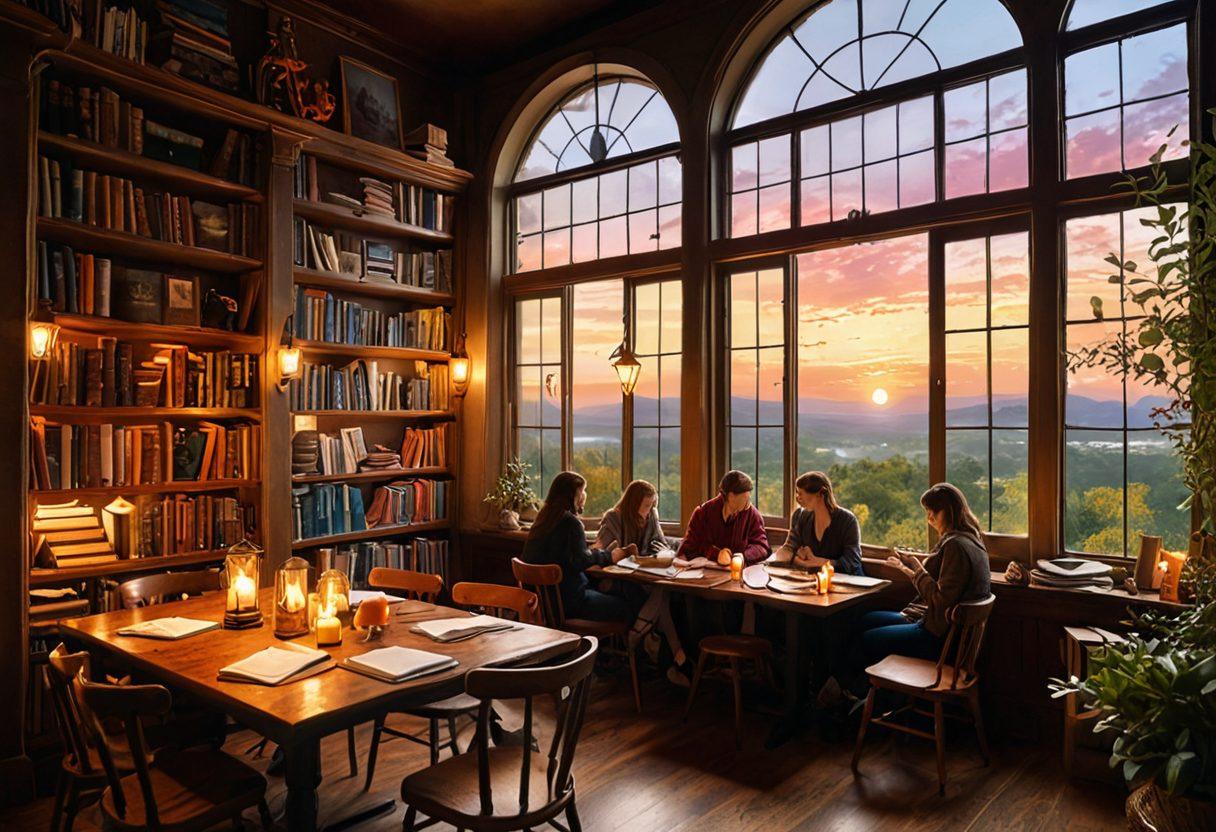 A whimsical scene showcasing a diverse group of writers in a cozy café, passionately discussing and writing their fan literature. Surround them with books and magical elements representing various fictional universes, like glowing spells and mythical creatures. Include a large window with a view of fantastical landscapes outside, blending the real and fictional worlds. Subtle warm lighting enhances the enchanting atmosphere. watercolor, vibrant colors, fantasy style.